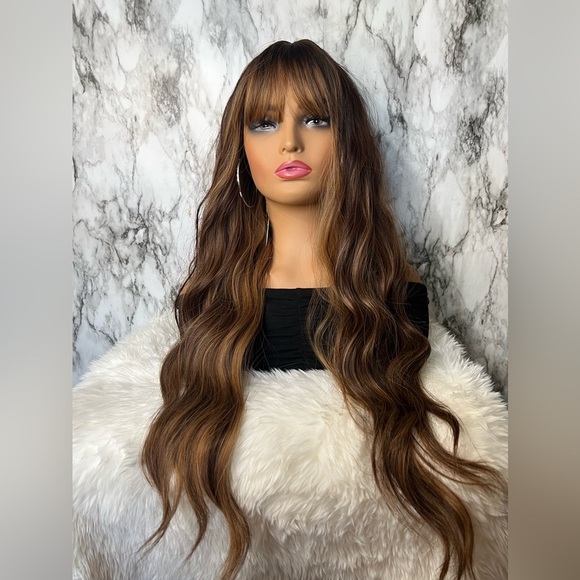 28 Inch Copper Brown with highlights Curly Wave Long Wig with bangs - Picture 1 of 8